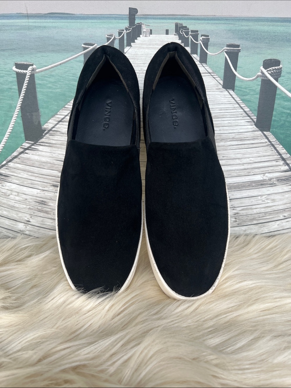 Vince Black Suede Slip-On Loafers with White Rubber Sole